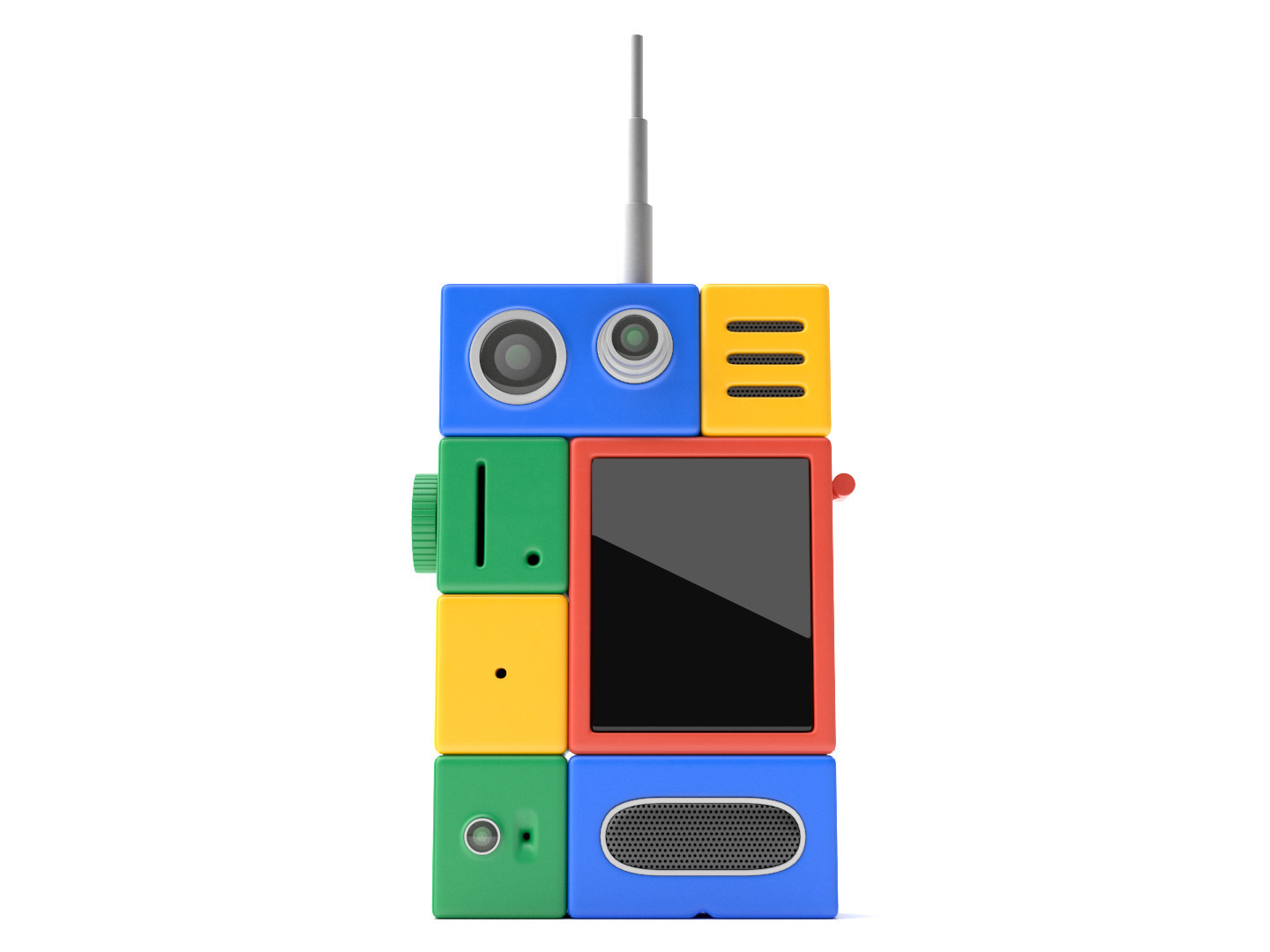 The colorful Mysterious Modular Device assembled upright