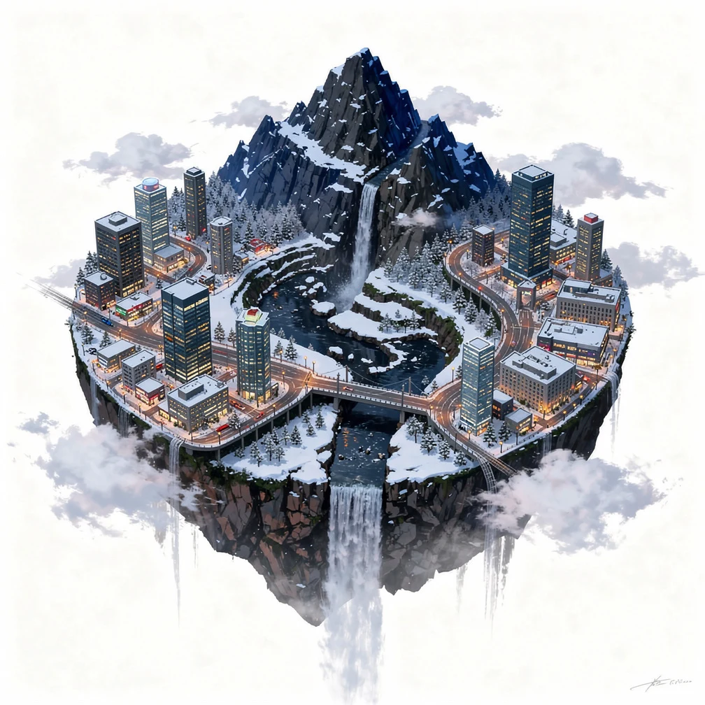 A floating mountain city and shallow river in clear evening light — Market River, October 23 closing snapshot