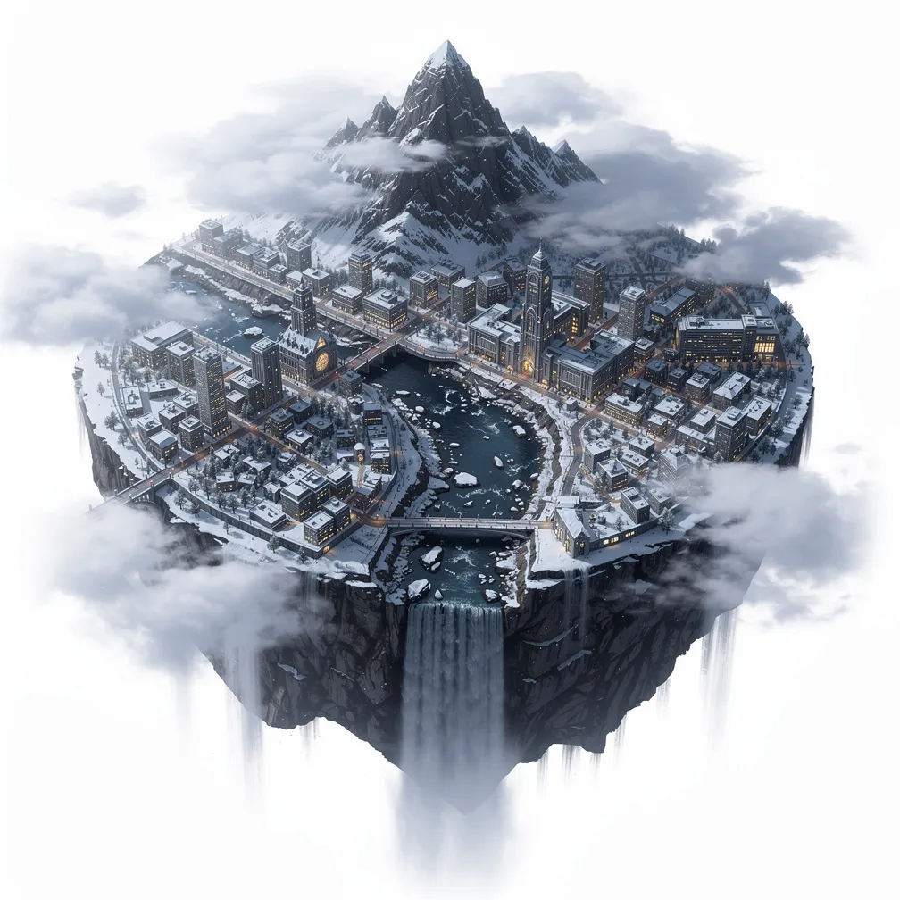 Floating snow-covered city island beneath a mountain